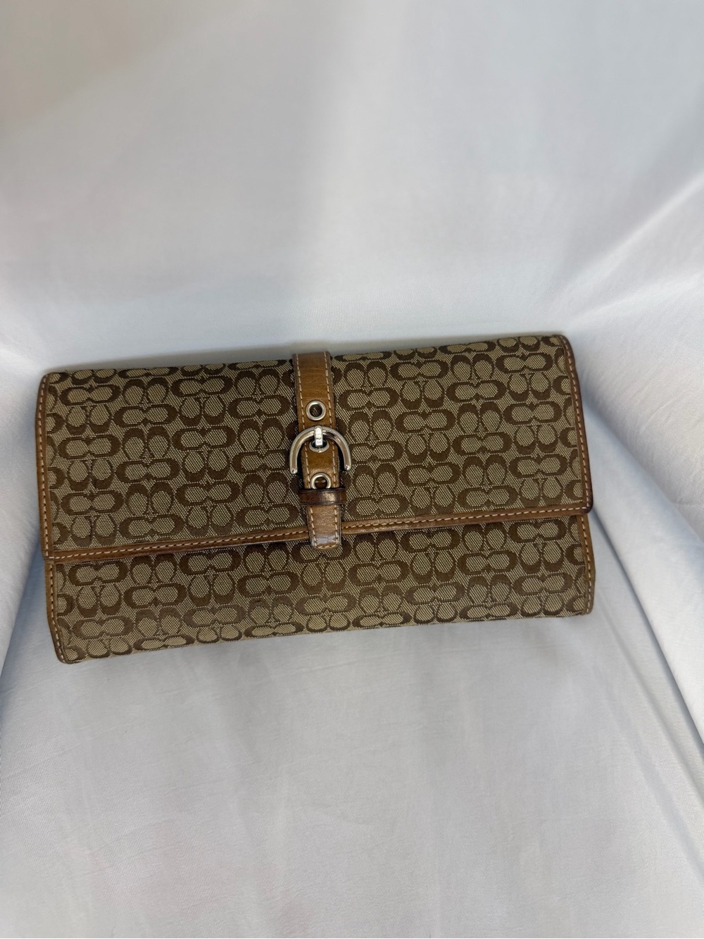 Vintage Coach Signature Jacquard Brown Buckle Trifold Wallet